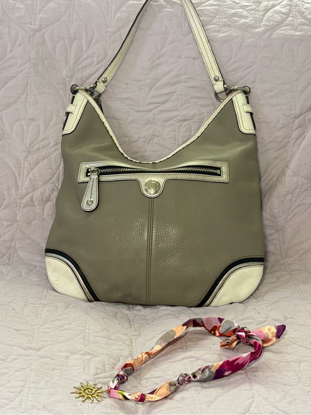 Neutral Taupe Leather Hobo Bag with White Trim - Classic Women's Shoulder Bag